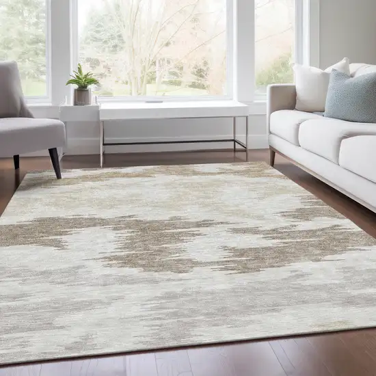 Ivory Beige And Brown Abstract Washable Indoor Outdoor Area Rug Photo 7