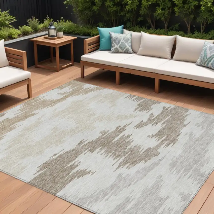 Ivory Beige And Brown Abstract Washable Indoor Outdoor Area Rug Photo 1