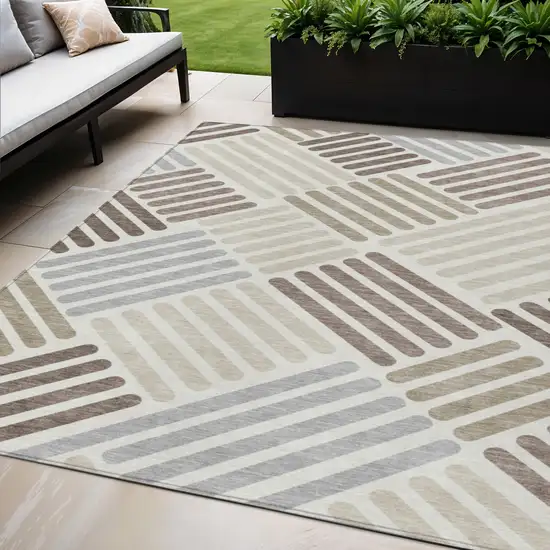 Ivory Beige And Brown Geometric Washable Indoor Outdoor Area Rug Photo 1