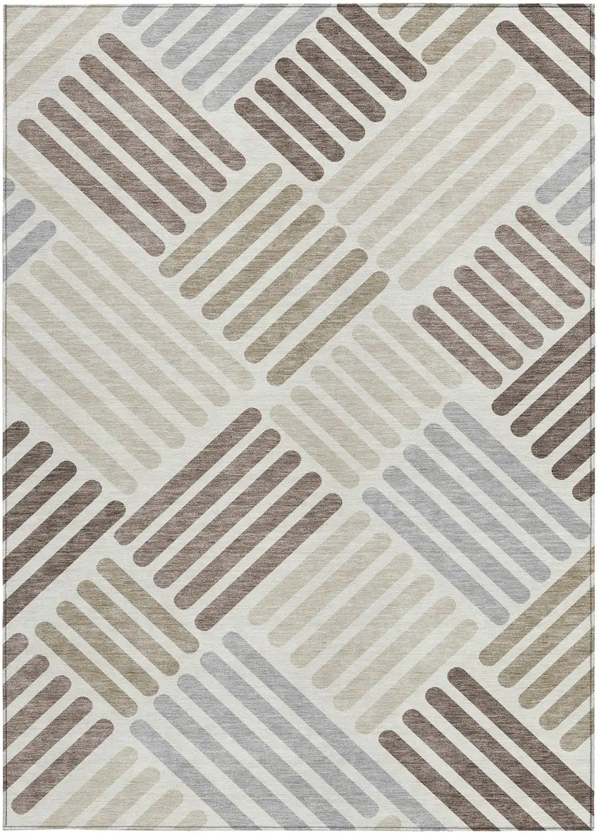 Ivory Beige And Brown Geometric Washable Indoor Outdoor Area Rug Photo 4