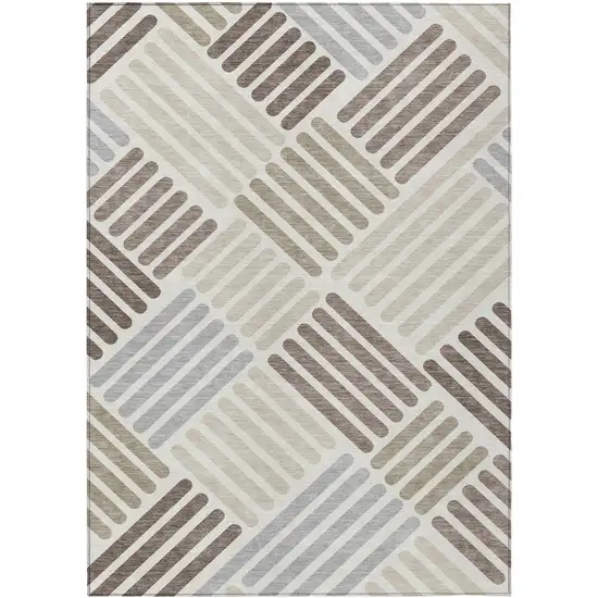 Ivory Beige And Brown Geometric Washable Indoor Outdoor Area Rug Photo 2