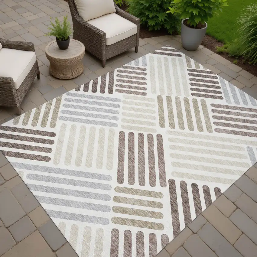 Ivory Beige And Brown Geometric Washable Indoor Outdoor Area Rug Photo 7