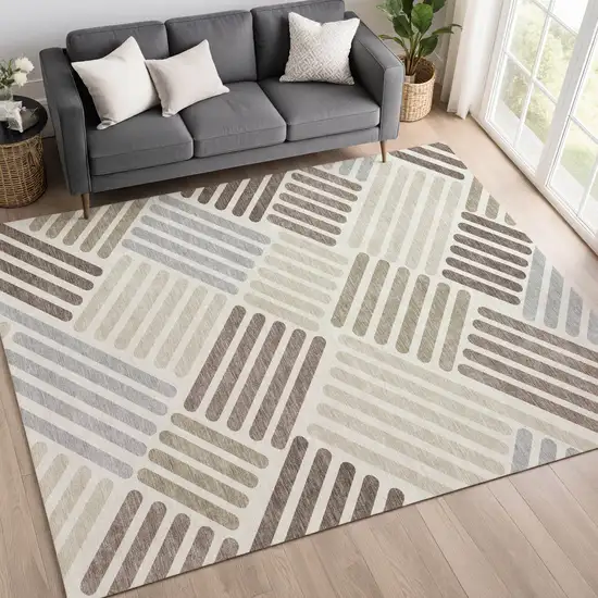 Ivory Beige And Brown Geometric Washable Indoor Outdoor Area Rug Photo 9