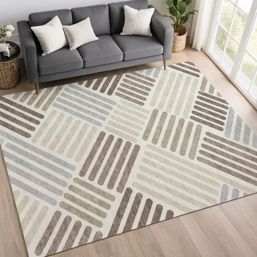 Ivory Beige And Brown Geometric Washable Indoor Outdoor Area Rug Photo 9