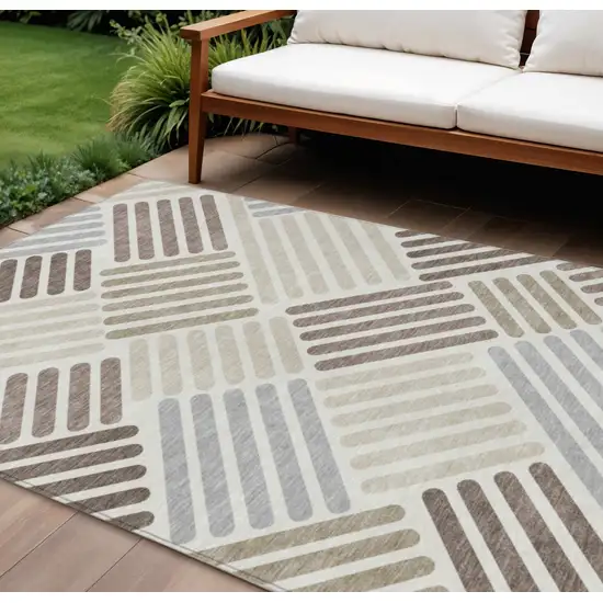 Ivory Beige And Brown Geometric Washable Indoor Outdoor Area Rug Photo 1