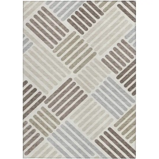 Ivory Beige And Brown Geometric Washable Indoor Outdoor Area Rug Photo 4