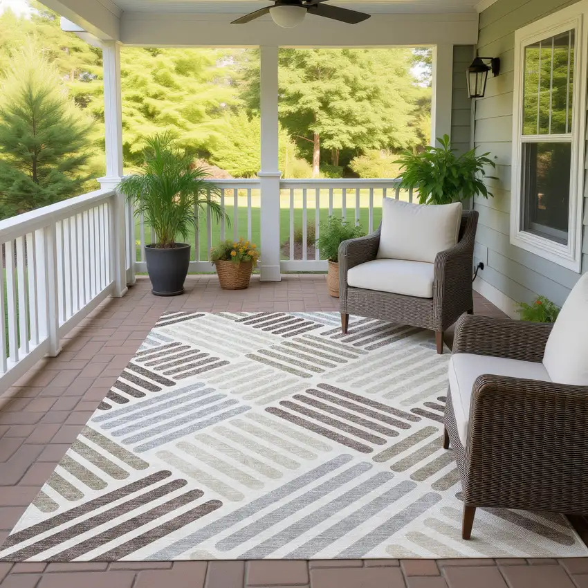 Ivory Beige And Brown Geometric Washable Indoor Outdoor Area Rug Photo 9