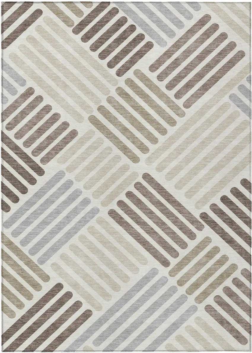Ivory Beige And Brown Geometric Washable Indoor Outdoor Area Rug Photo 2