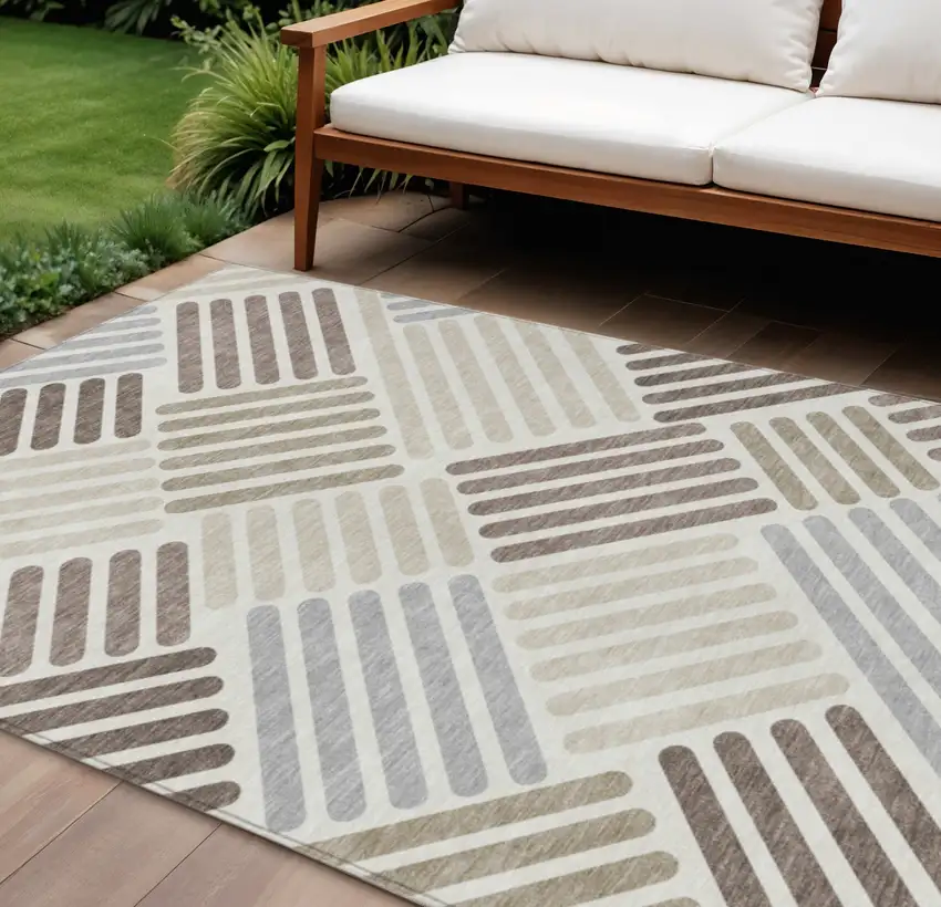 Ivory Beige And Brown Geometric Washable Indoor Outdoor Area Rug Photo 1