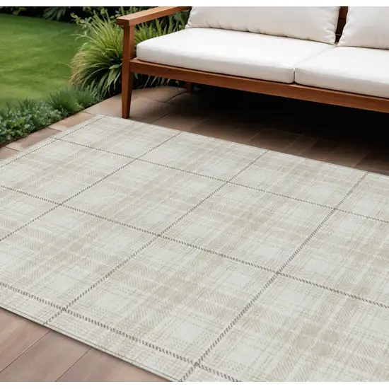 Ivory Beige And Brown Plaid Washable Indoor Outdoor Area Rug Photo 1