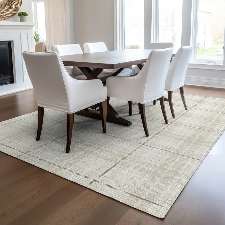 Ivory Beige And Brown Plaid Washable Indoor Outdoor Area Rug Photo 9