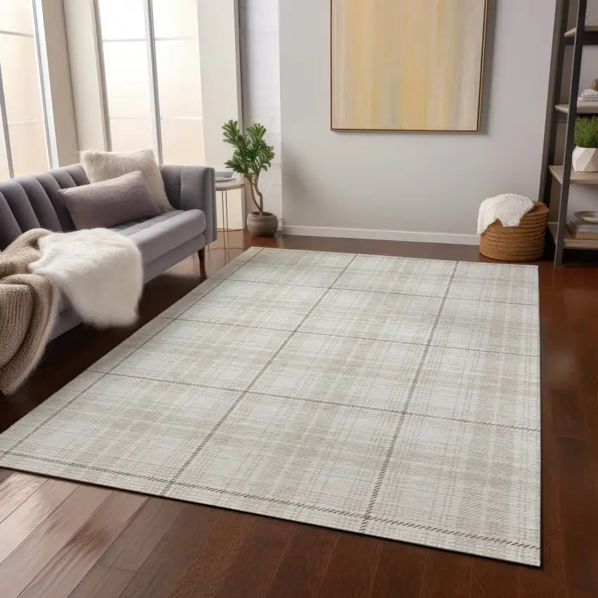 Ivory Beige And Brown Plaid Washable Indoor Outdoor Area Rug Photo 8