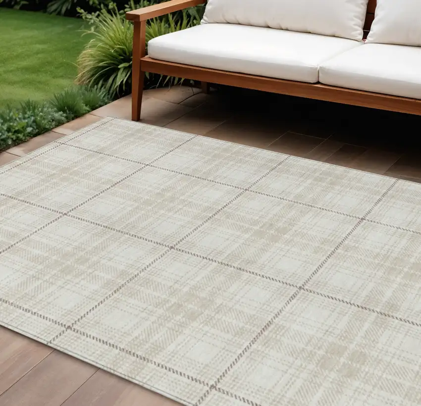 Ivory Beige And Brown Plaid Washable Indoor Outdoor Area Rug Photo 1