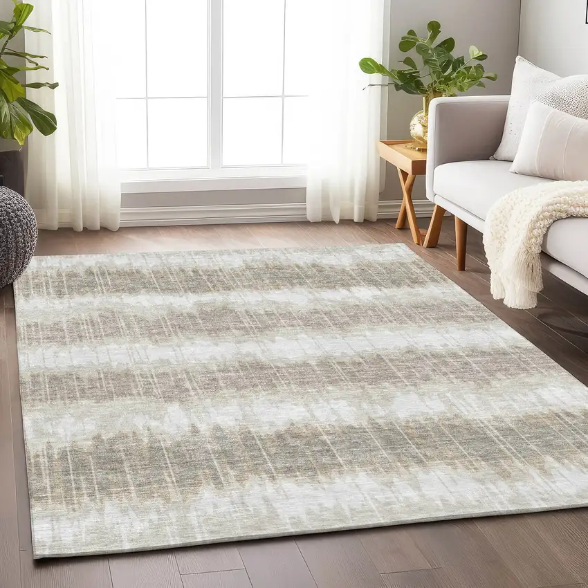 Ivory Beige And Brown Striped Washable Area Rug With UV Protection Photo 4