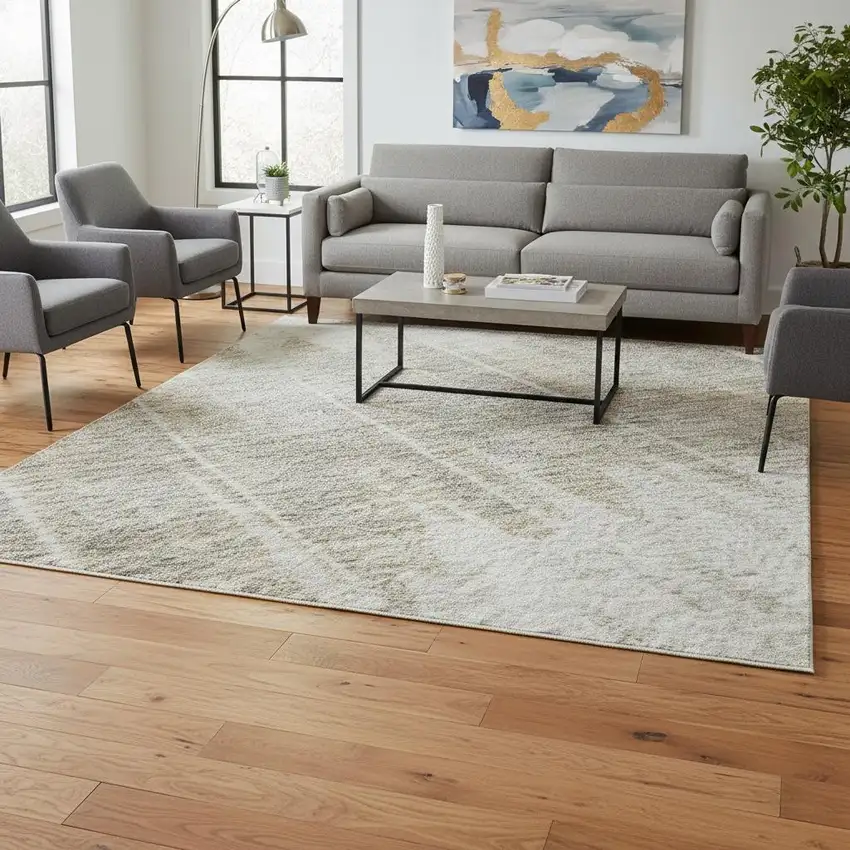 Ivory Beige And Brown Striped Washable Area Rug With UV Protection Photo 2