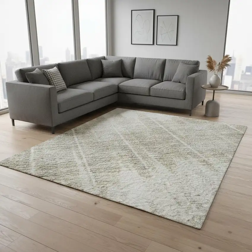 Ivory Beige And Brown Striped Washable Area Rug With UV Protection Photo 2