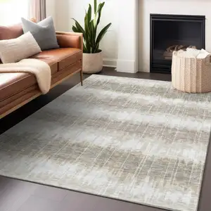Photo of Ivory Beige And Brown Striped Washable Area Rug With UV Protection