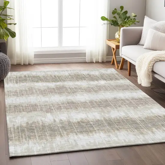 Ivory Beige And Brown Striped Washable Area Rug With UV Protection Photo 4