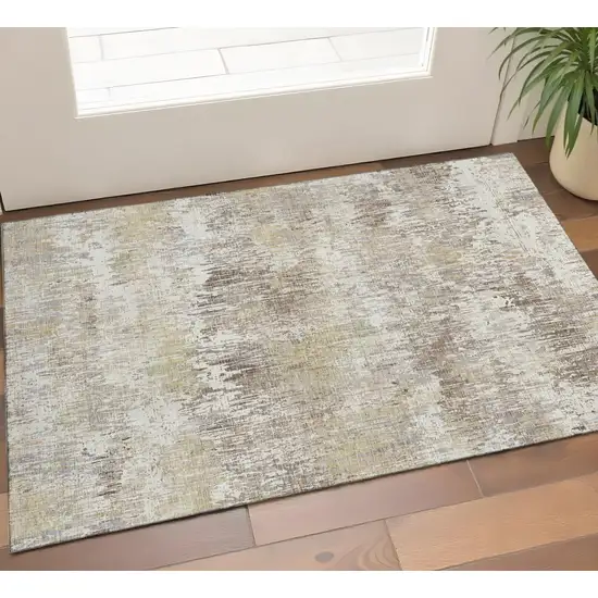 Ivory Beige And Brown Striped Washable Area Rug With UV Protection Photo 1