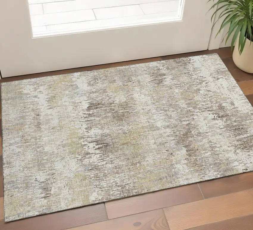 Ivory Beige And Brown Striped Washable Area Rug With UV Protection Photo 1