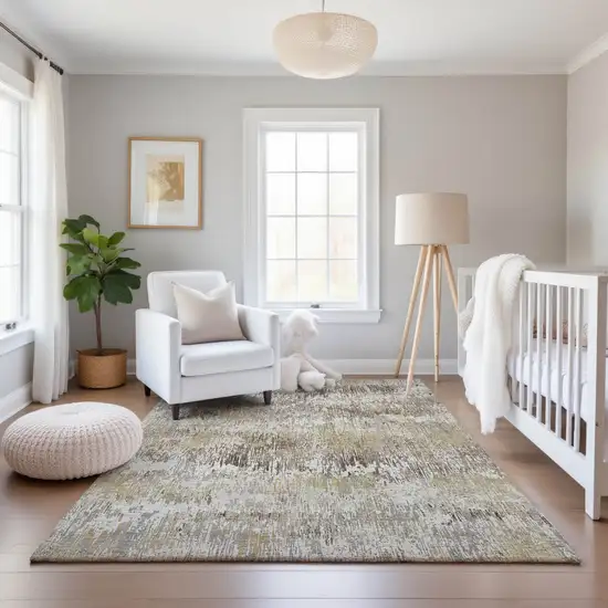 Ivory Beige And Brown Striped Washable Area Rug With UV Protection Photo 1