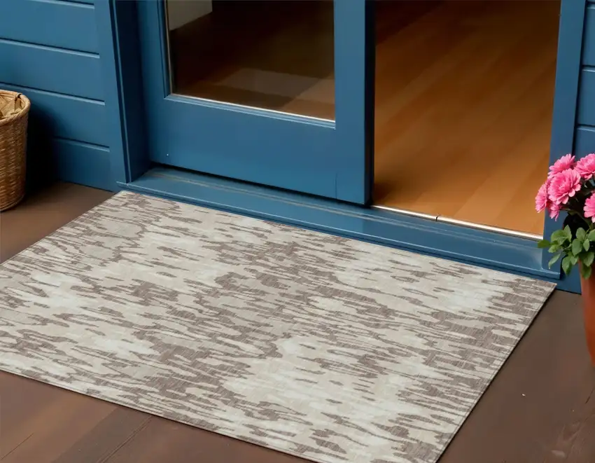 Ivory Beige And Brown Striped Washable Indoor Outdoor Area Rug Photo 1