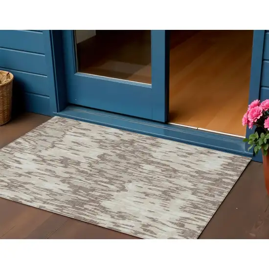 Ivory Beige And Brown Striped Washable Indoor Outdoor Area Rug Photo 1