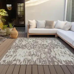 Photo of Ivory Beige And Brown Striped Washable Indoor Outdoor Area Rug