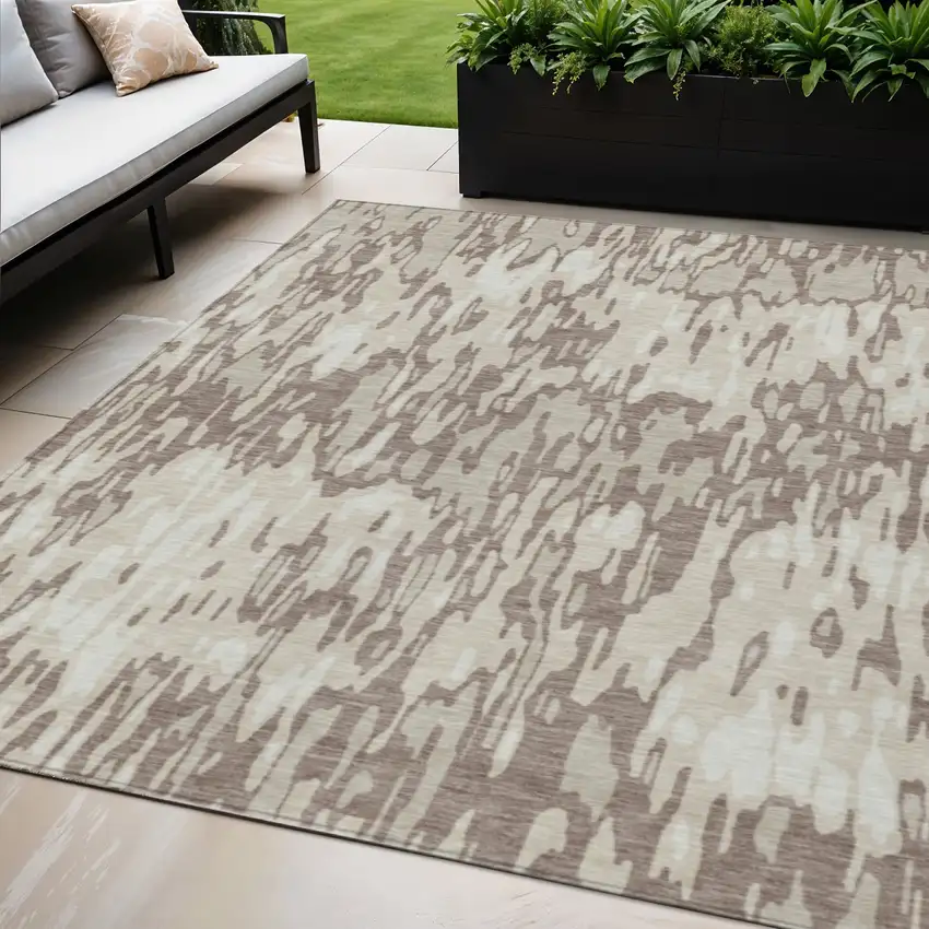 Ivory Beige And Brown Striped Washable Indoor Outdoor Area Rug Photo 1