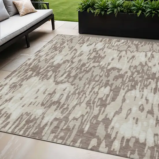 Ivory Beige And Brown Striped Washable Indoor Outdoor Area Rug Photo 1