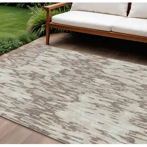 Photo of Ivory Beige And Brown Striped Washable Indoor Outdoor Area Rug