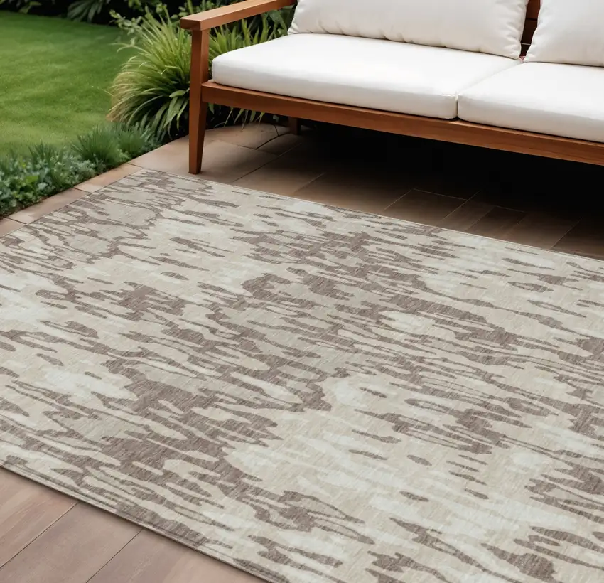 Ivory Beige And Brown Striped Washable Indoor Outdoor Area Rug Photo 1