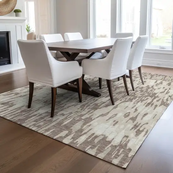 Ivory Beige And Brown Striped Washable Indoor Outdoor Area Rug Photo 9