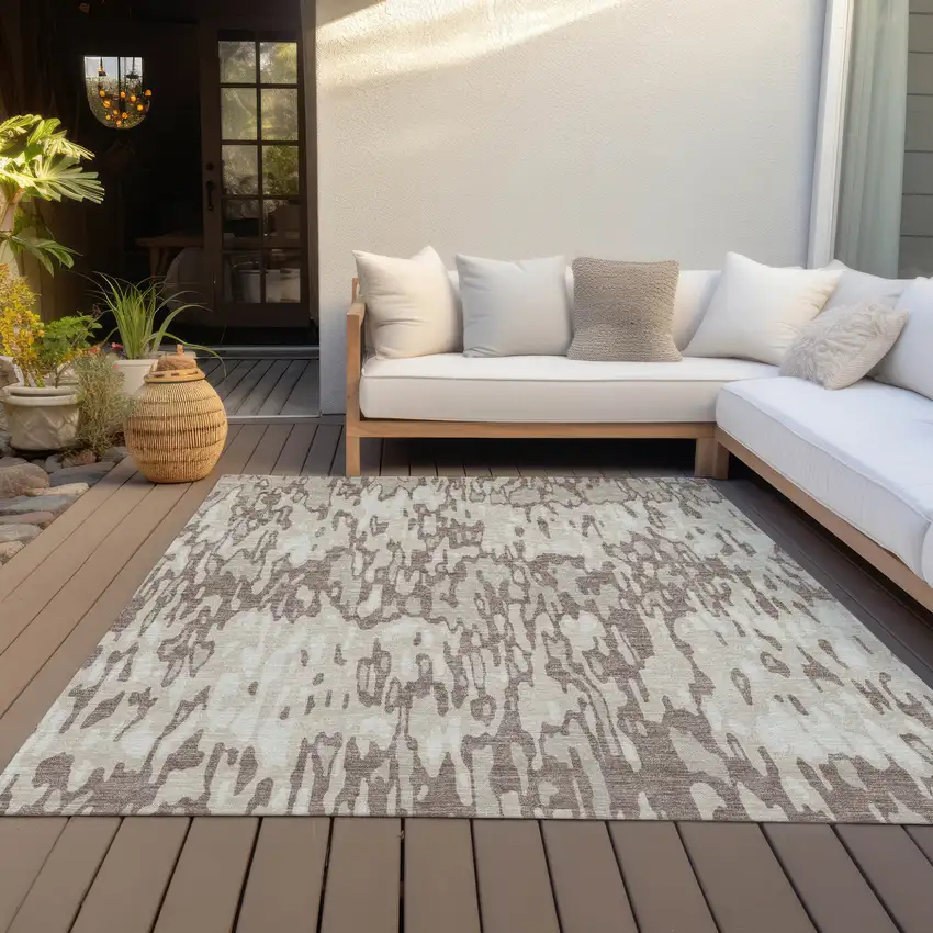 Ivory Beige And Brown Striped Washable Indoor Outdoor Area Rug Photo 7