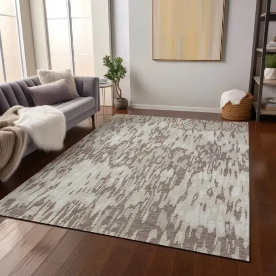 Ivory Beige And Brown Striped Washable Indoor Outdoor Area Rug Photo 8