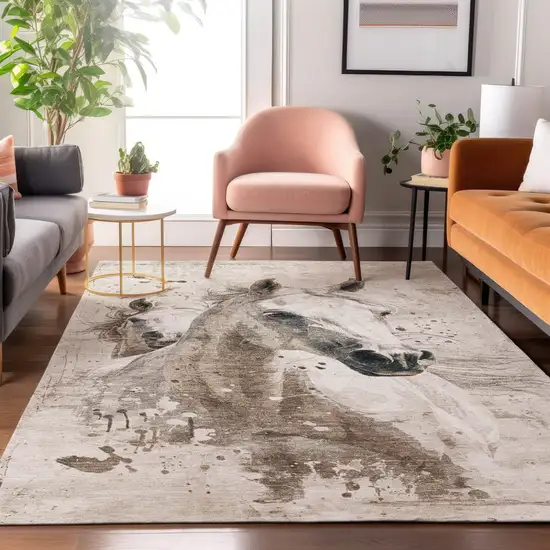 Ivory Beige And Charcoal Animal Print Washable Area Rug With UV Protection Photo 5