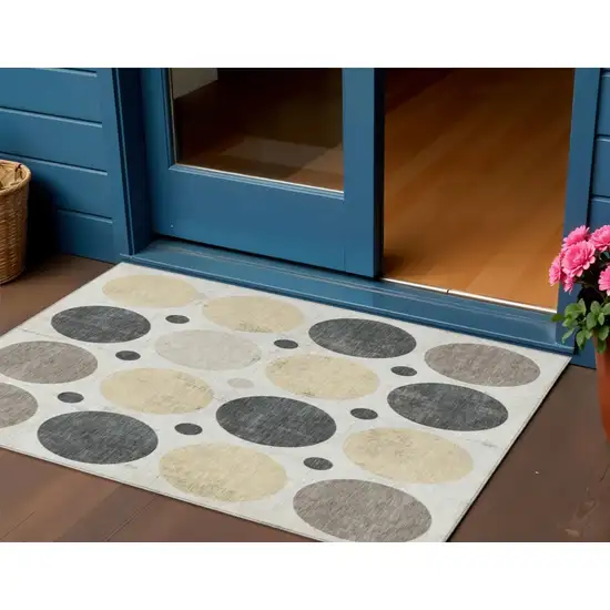Ivory Beige And Charcoal Geometric Washable Indoor Outdoor Area Rug Photo 2