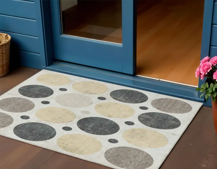 Ivory Beige And Charcoal Geometric Washable Indoor Outdoor Area Rug Photo 2