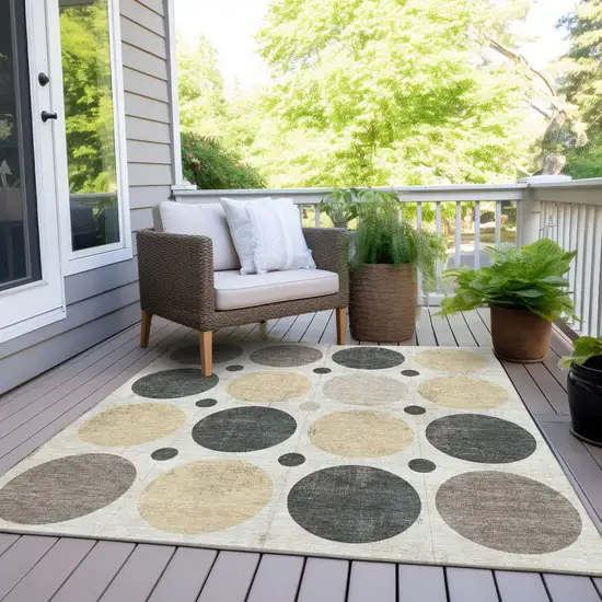 Ivory Beige And Charcoal Geometric Washable Indoor Outdoor Area Rug Photo 9