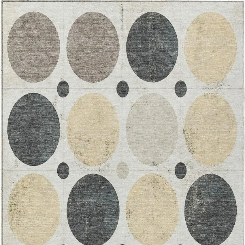 Ivory Beige And Charcoal Geometric Washable Indoor Outdoor Area Rug Photo 4