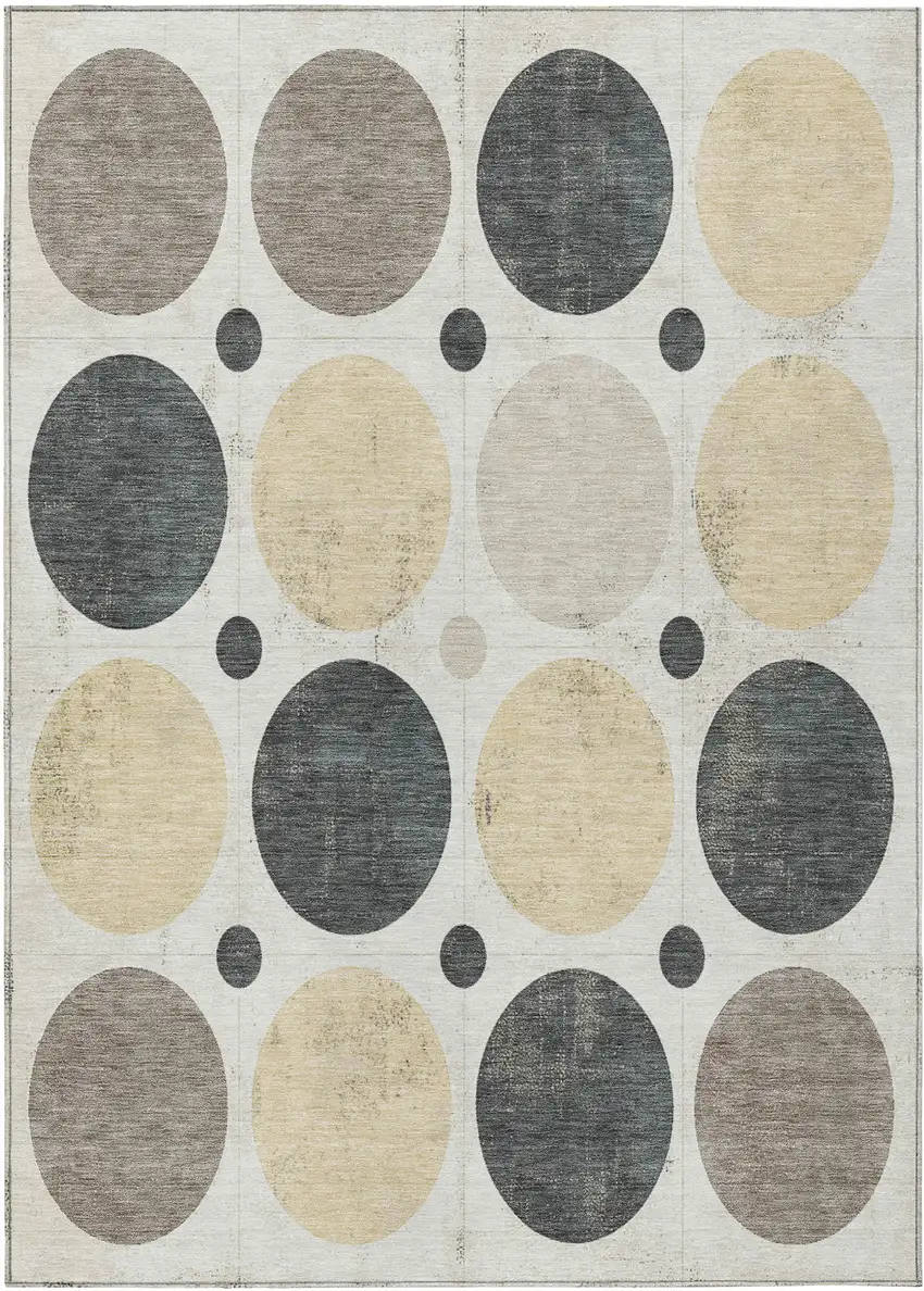 Ivory Beige And Charcoal Geometric Washable Indoor Outdoor Area Rug Photo 1