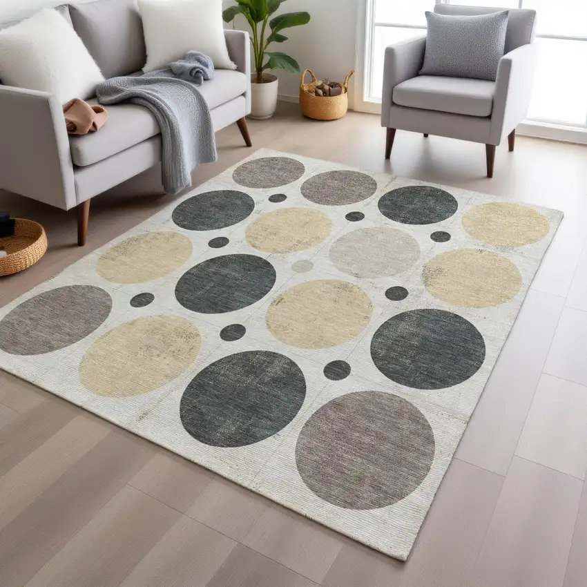 Ivory Beige And Charcoal Geometric Washable Indoor Outdoor Area Rug Photo 7