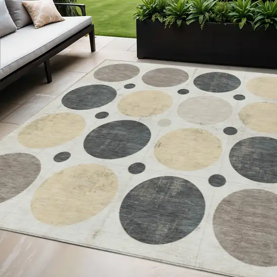 Ivory Beige And Charcoal Geometric Washable Indoor Outdoor Area Rug Photo 2