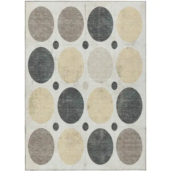 Ivory Beige And Charcoal Geometric Washable Indoor Outdoor Area Rug Photo 1
