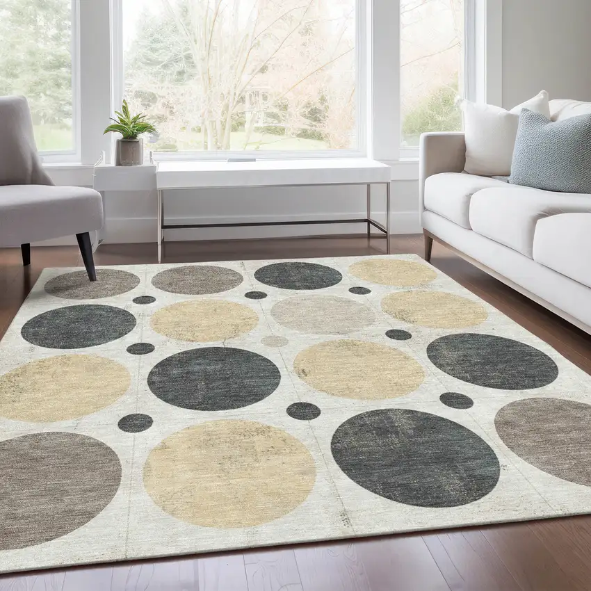 Ivory Beige And Charcoal Geometric Washable Indoor Outdoor Area Rug Photo 8
