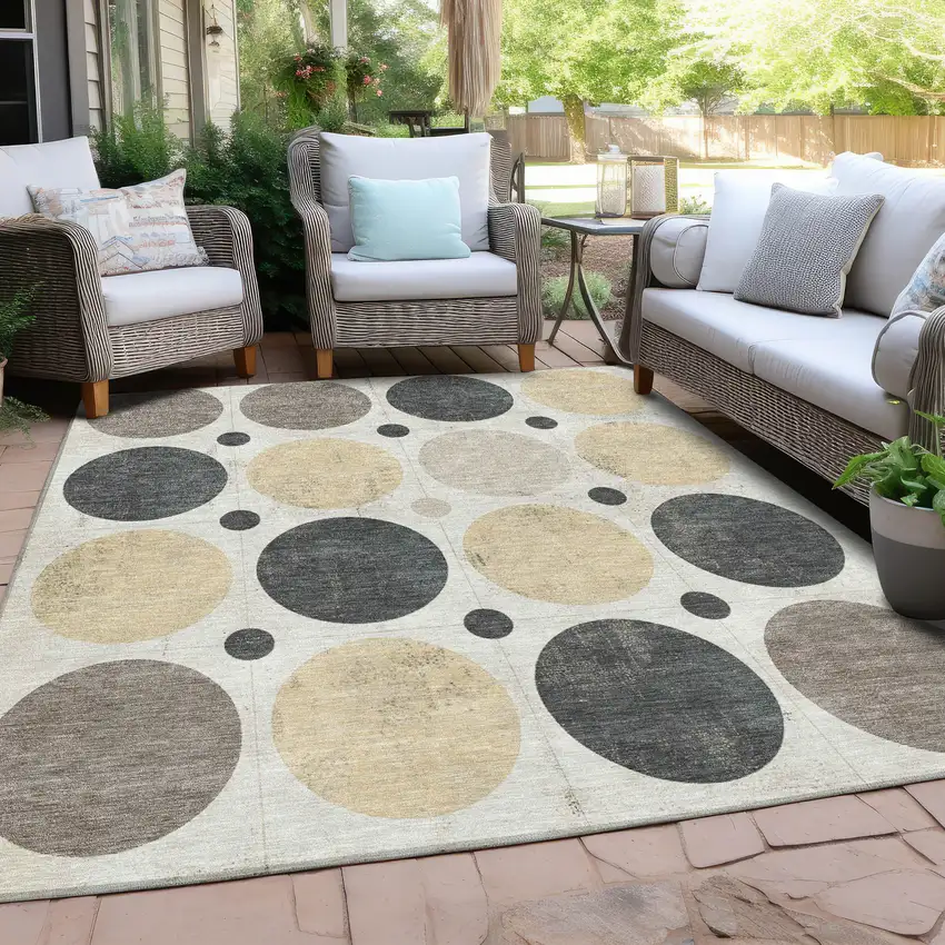 Ivory Beige And Charcoal Geometric Washable Indoor Outdoor Area Rug Photo 6