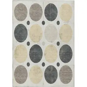 Photo of Ivory Beige And Charcoal Geometric Washable Indoor Outdoor Area Rug