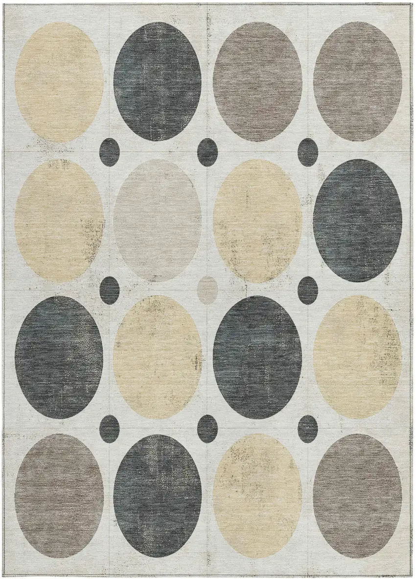 Ivory Beige And Charcoal Geometric Washable Indoor Outdoor Area Rug Photo 4