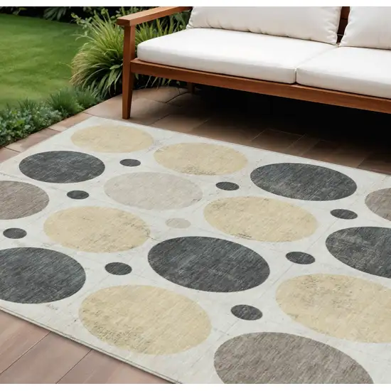 Ivory Beige And Charcoal Geometric Washable Indoor Outdoor Area Rug Photo 2