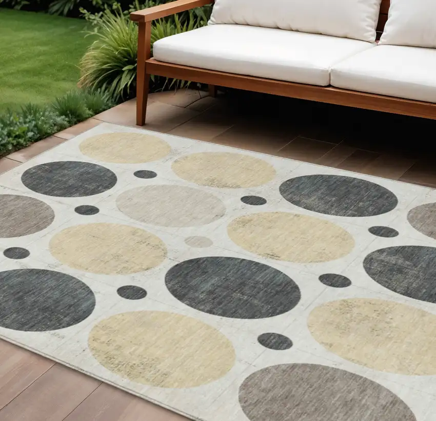 Ivory Beige And Charcoal Geometric Washable Indoor Outdoor Area Rug Photo 2